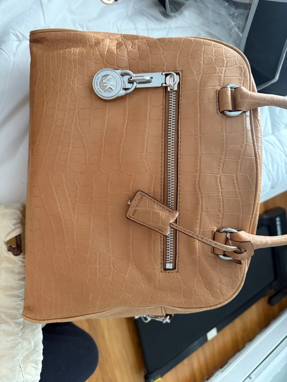 Michael Kors Cognac Croc-Embossed Leather Satchel with Silver Hardware